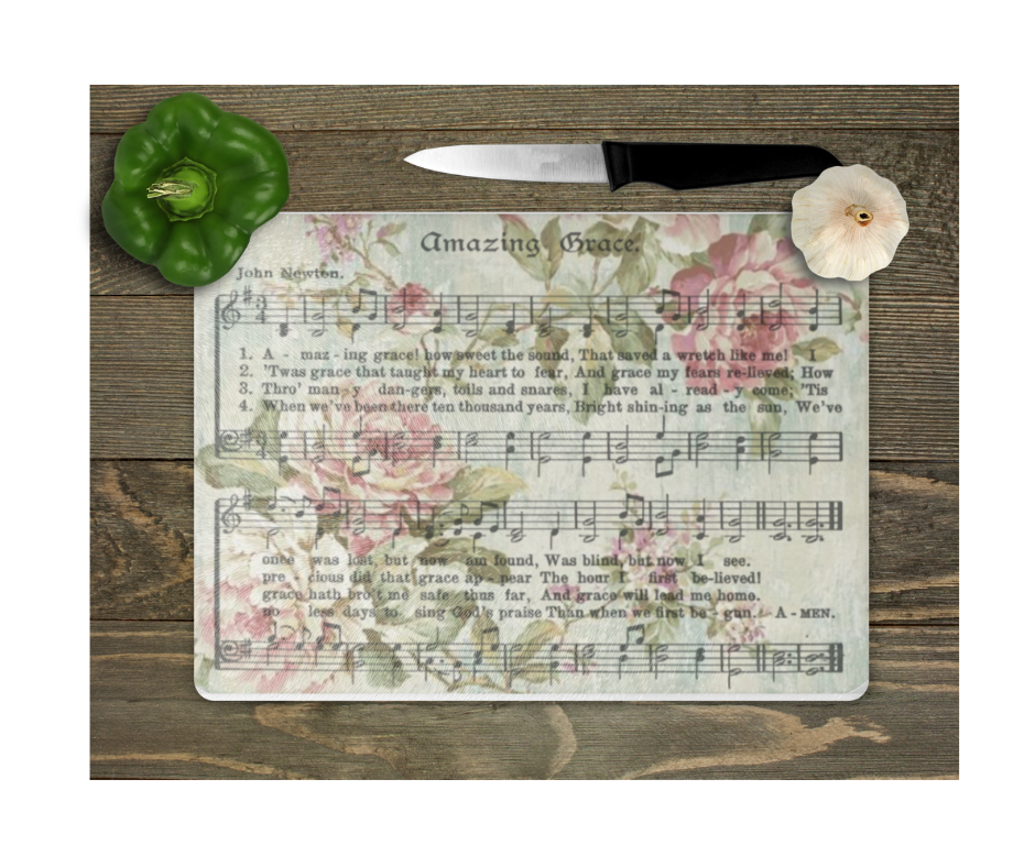Glass Cutting Board Kitchen Prep Display Home Decor Gift Housewarming Amazing Grace Florals Song Words Music