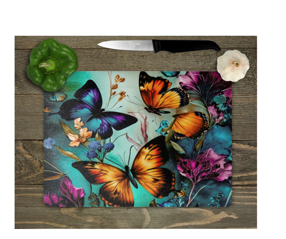 Glass Cutting Board Kitchen Prep Display Home Decor Gift Housewarming Butterflies Floral