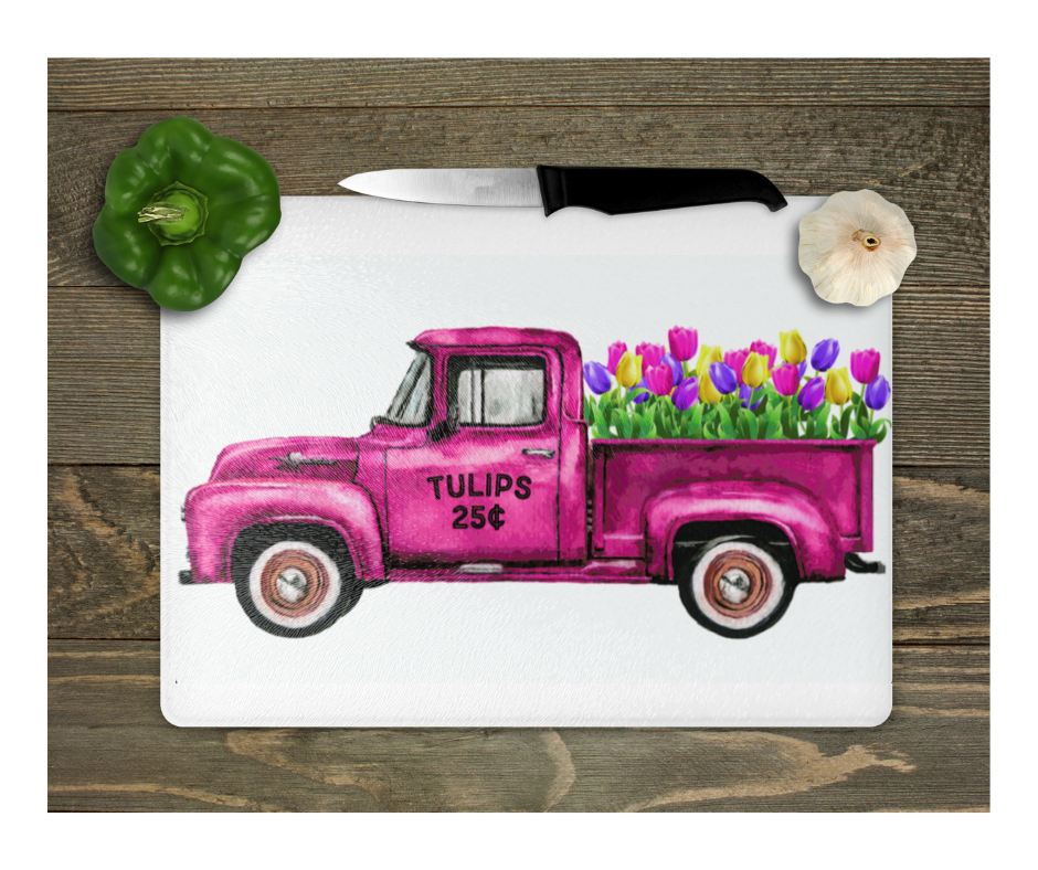 Glass Cutting Board Kitchen Prep Display Home Decor Gift Housewarming Pink Tulip Truck