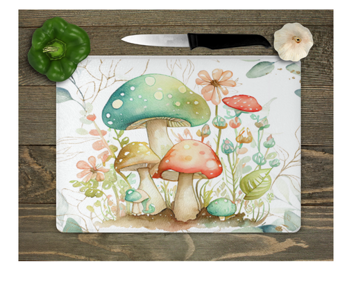 Glass Cutting Board Kitchen Prep Display Home Decor Gift Housewarming Mushrooms Floral