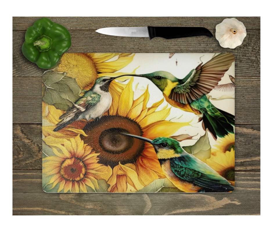 Glass Cutting Board Kitchen Prep Display Home Decor Gift House Warming Hummingbirds Sunflower