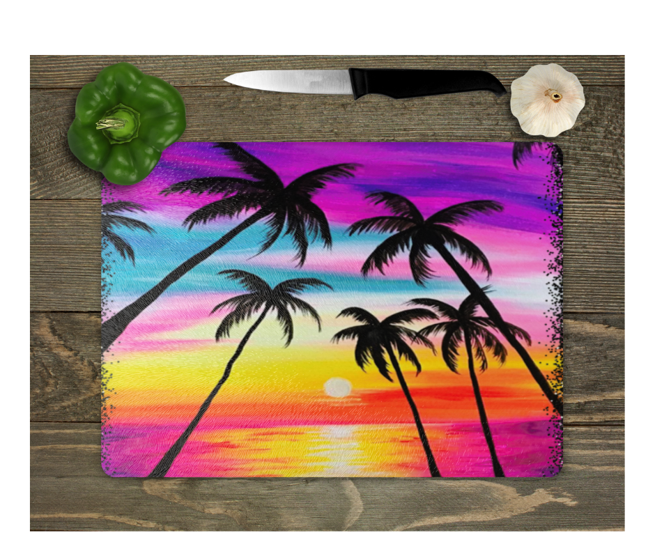 Glass Cutting Board Kitchen Prep Display Home Decor Gift Housewarming Tropical Palm Trees Water Sunset
