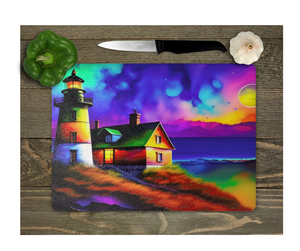 Glass Cutting Board Kitchen Prep Display Home Decor Gift Housewarming Lighthouse Water Vibrant Colors
