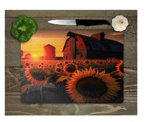 Glass Cutting Board Kitchen Prep Display Home Decor Gift Housewarming Barn Farm Sunflowers Sun Farmyard Sunflower Field