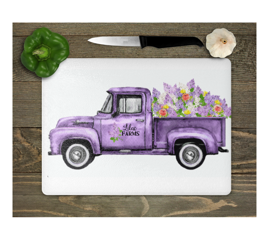 Glass Cutting Board Kitchen Prep Display Home Decor Gift Housewarming Purple Truck Lilac Farms Floral