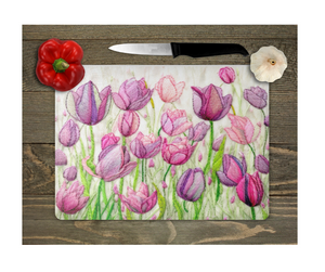 Glass Cutting Board Kitchen Prep Display Home Decor Gift Housewarming Purple Pink Tulips Floral