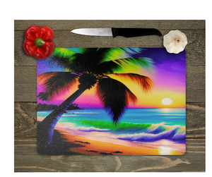 Glass Cutting Board Kitchen Prep Display Home Decor Gift Housewarming Palm Tree Ocean Water Sunset