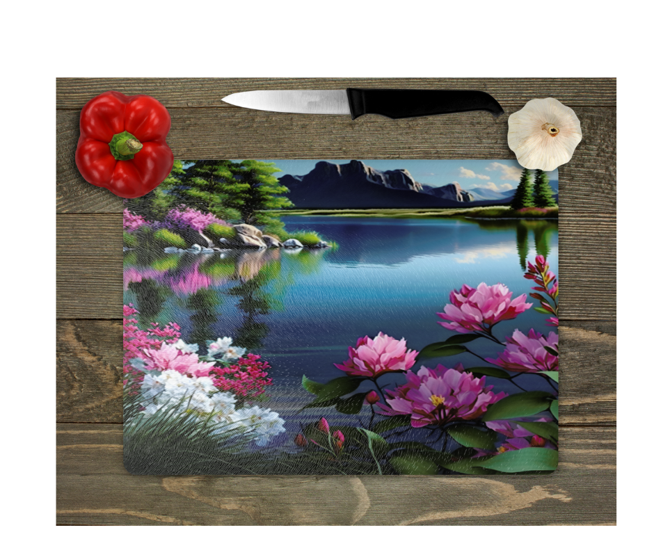 Glass Cutting Board Kitchen Prep Display Home Decor Gift Housewarming Mountain Trees Water Floral