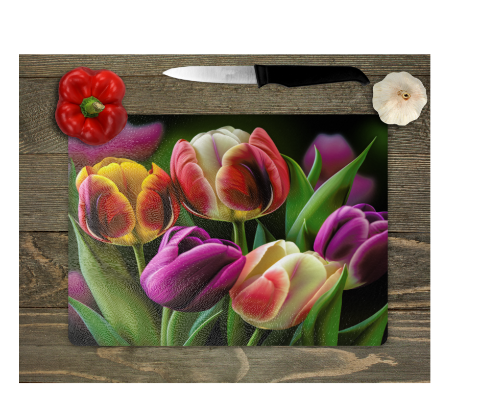 Glass Cutting Board Kitchen Prep Display Home Decor Gift Housewarming Tulips Flowers Floral