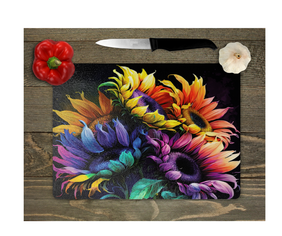 Glass Cutting Board Kitchen Prep Display Home Decor Gift Housewarming Colorful Sunflowers Floral