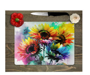 Glass Cutting Board Kitchen Prep Display Home Decor Gift Housewarming Watercolor Sunflowers Floral