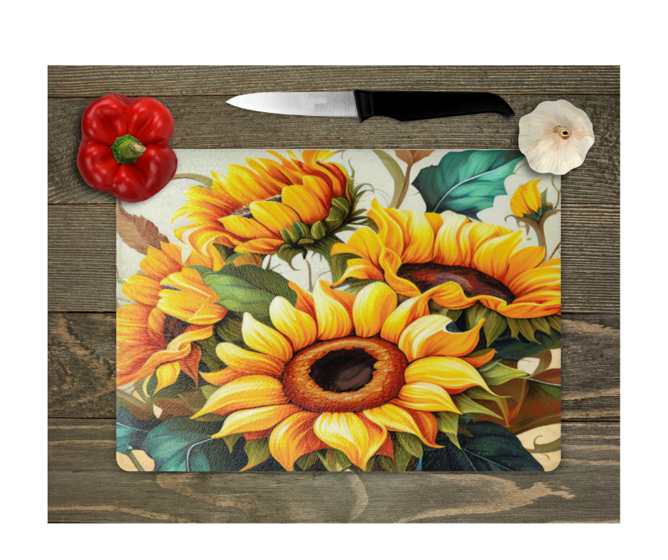 Glass Cutting Board Kitchen Prep Display Home Decor Gift Housewarming Sunflowers Floral
