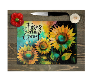 Glass Cutting Board Kitchen Prep Display Home Decor Gift Housewarming Sunflowers Focus on the Good