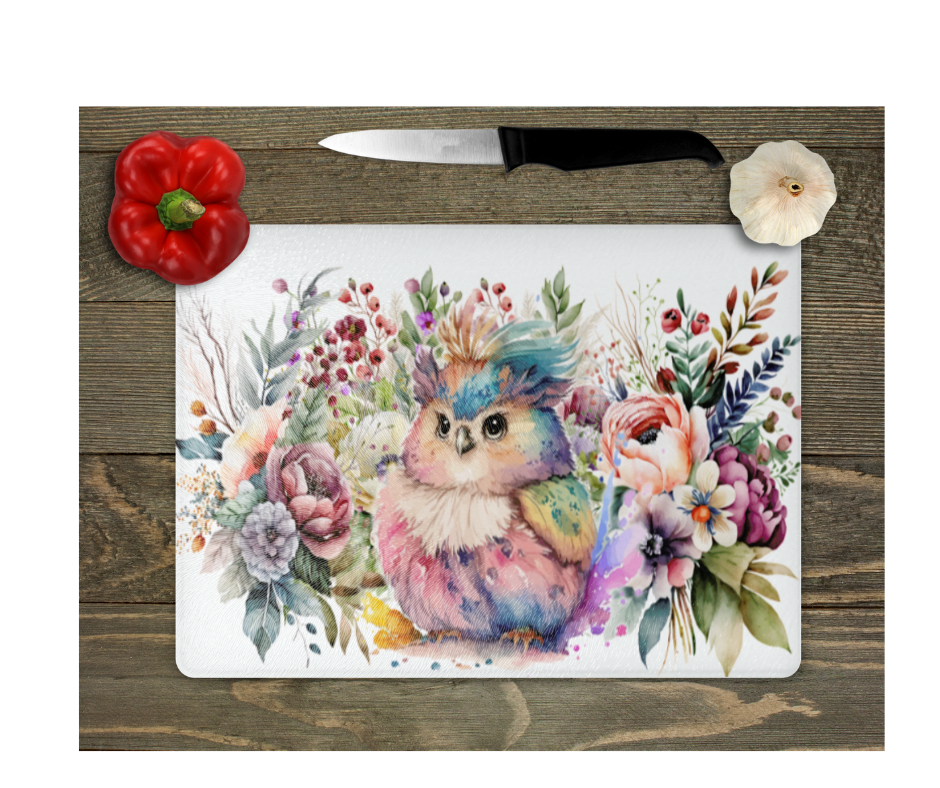 Glass Cutting Board Kitchen Prep Display Home Decor Gift Housewarming Woodland Owl Florals