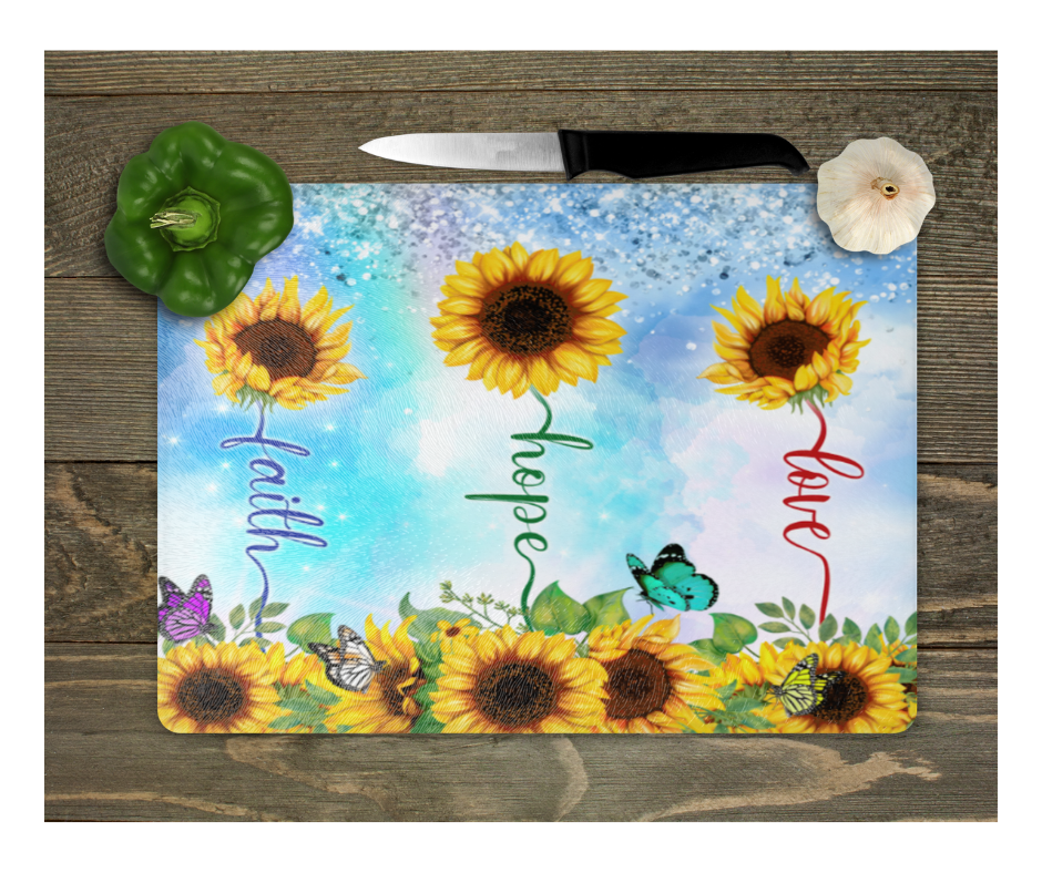 Glass Cutting Board Kitchen Prep Display Home Decor Gift Housewarming Sunflowers Faith Hope Love Butterflies