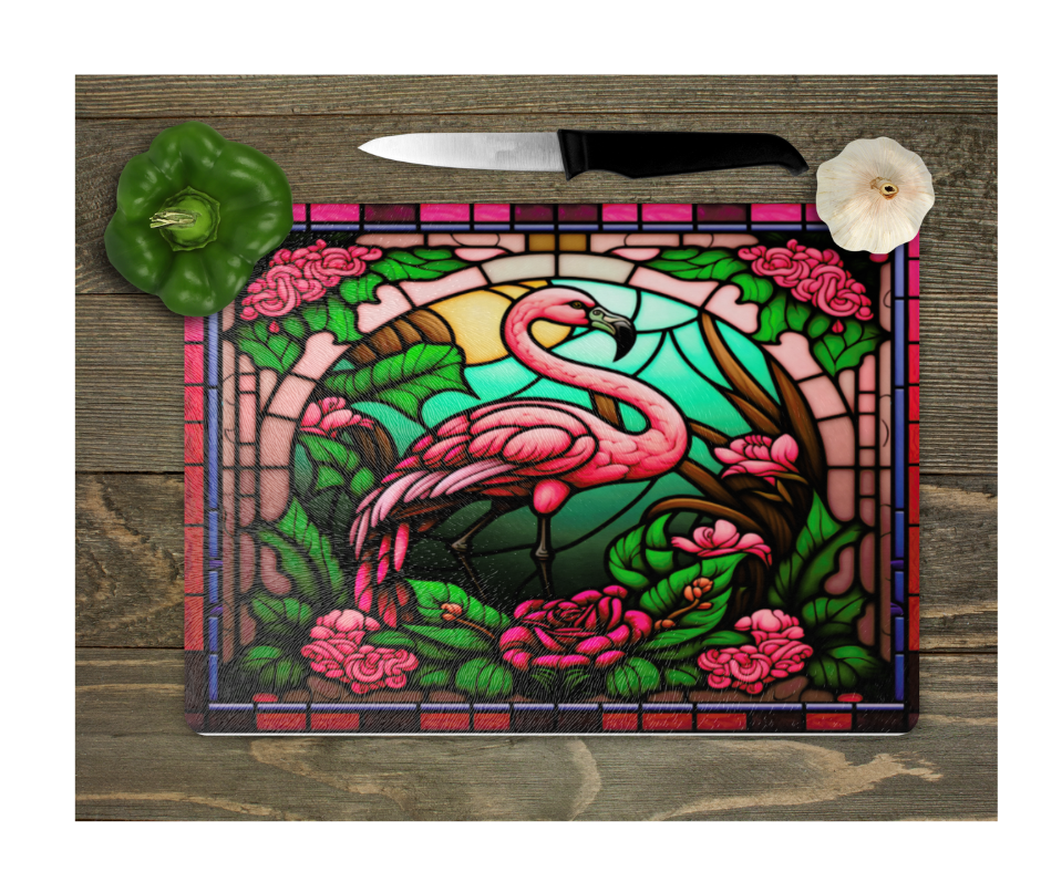 Glass Cutting Board Kitchen Prep Display Home Decor Gift Housewarming Faux Stained Glass Flamingo