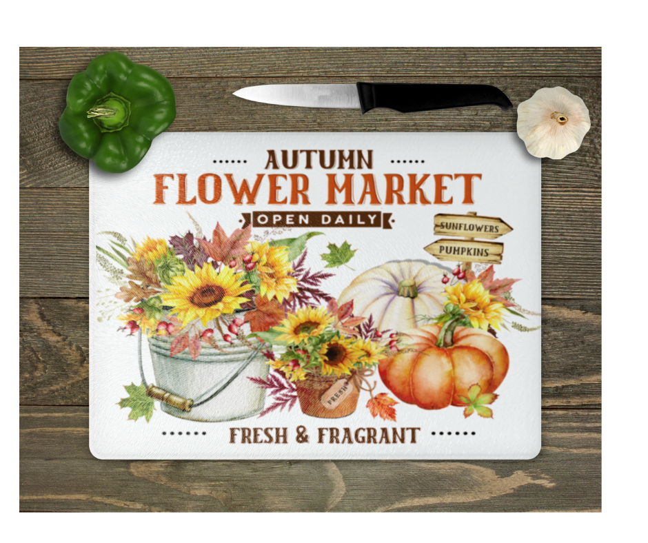 Glass Cutting Board Kitchen Prep Display Home Decor Gift Housewarming Flower Market Floral Pumpkin Fall Autumn