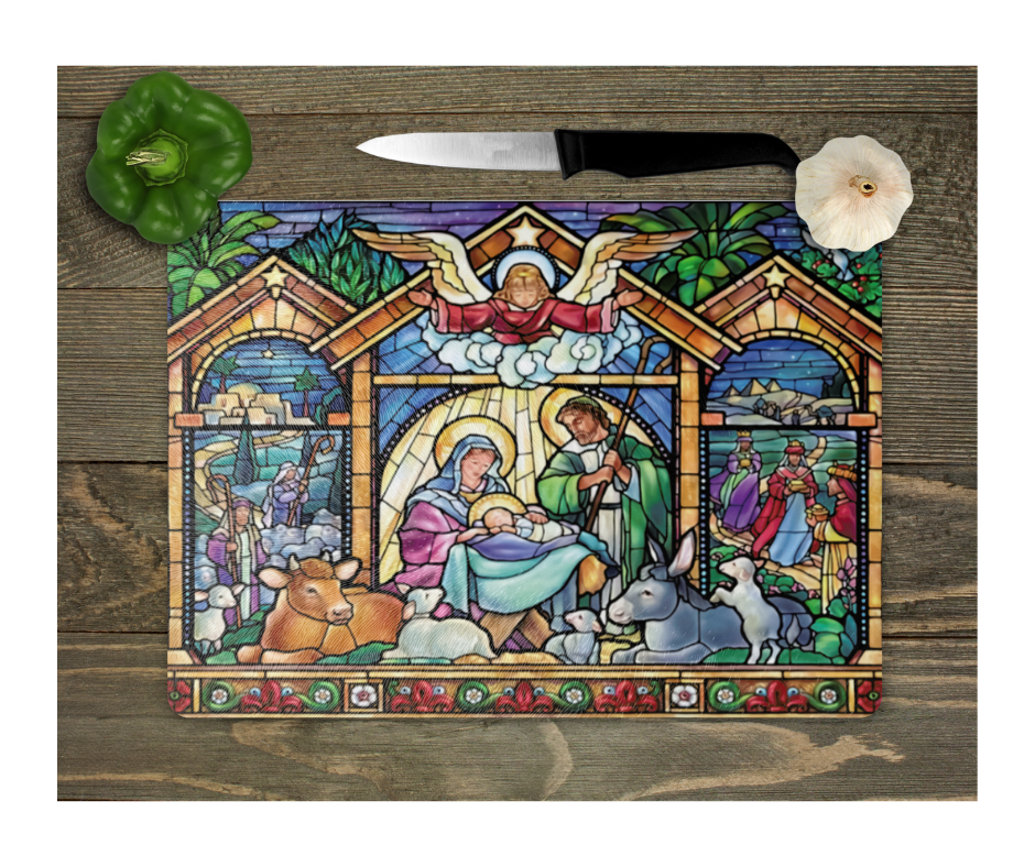 Glass Cutting Board Kitchen Prep Display Home Decor Gift Housewarming Faux Stained Glass Nativity Scene Christmas