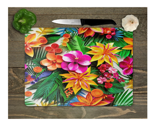 Glass Cutting Board Kitchen Prep Display Home Decor Gift Housewarming Colorful Tropical Florals