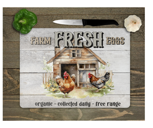 Glass Cutting Board Kitchen Prep Display Home Decor Gift Housewarming Farm Fresh Eggs Chickens Coop