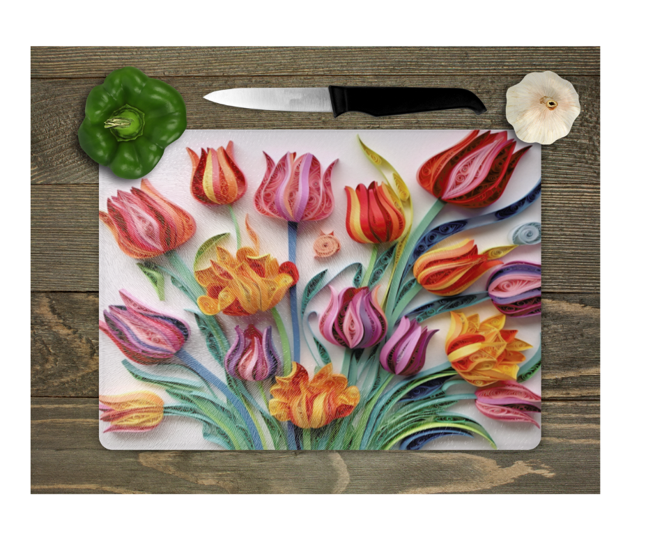 Glass Cutting Board Kitchen Prep Display Home Decor Gift Housewarming Pink Purple Orange Tulips Floral