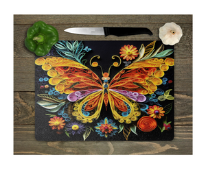 Glass Cutting Board Kitchen Prep Display Home Decor Gift Housewarming Yellow Orange Black Butterfly Floral