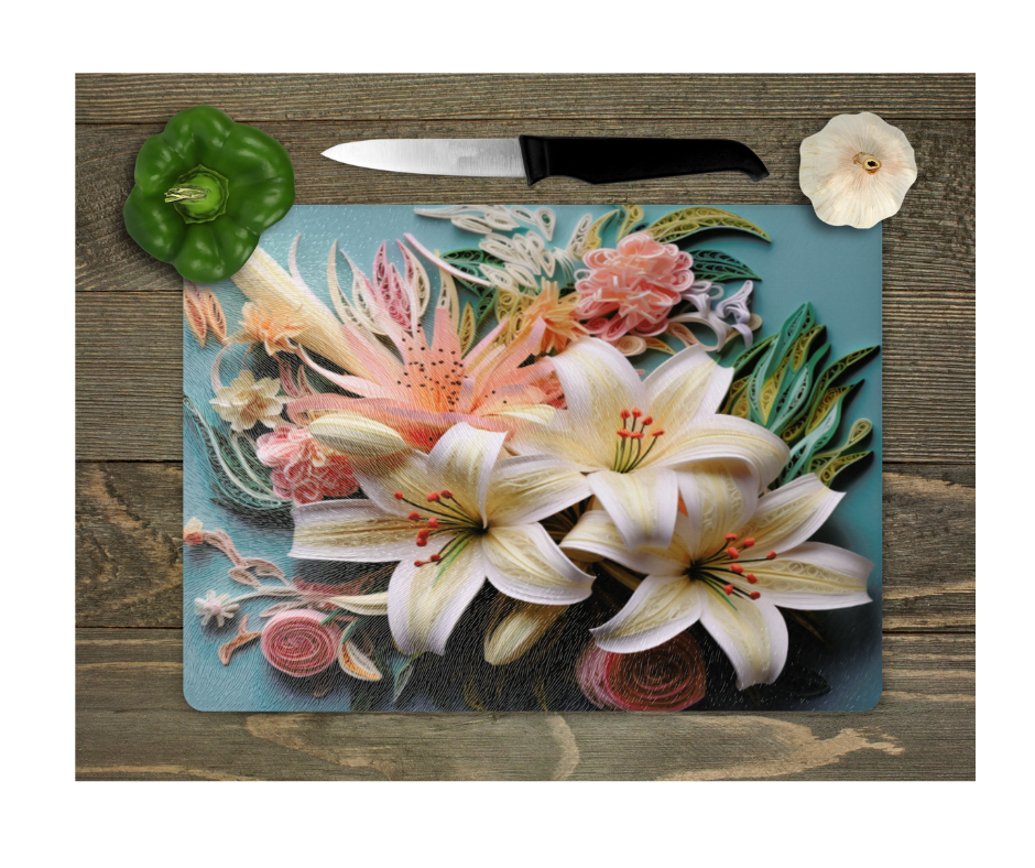 Glass Cutting Board Kitchen Prep Display Home Decor Gift Housewarming Peach White Green Floral