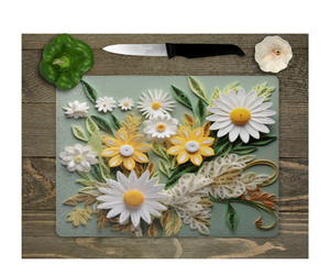 Glass Cutting Board Kitchen Prep Display Home Decor Gift Housewarming Yellow White Green Daisy Floral
