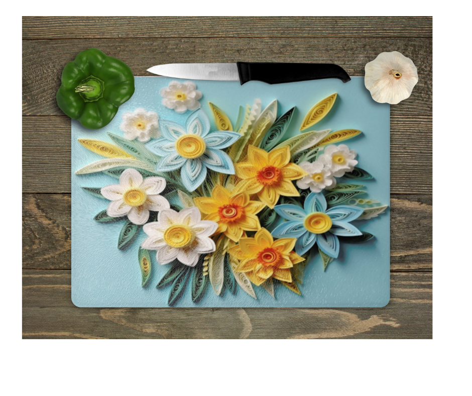 Glass Cutting Board Kitchen Prep Display Home Decor Gift Housewarming Yellow Blue Floral