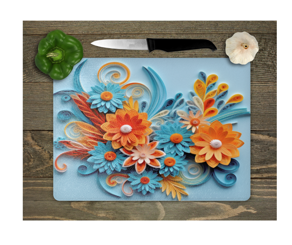 Glass Cutting Board Kitchen Prep Display Home Decor Gift Housewarming Orange Blue Floral