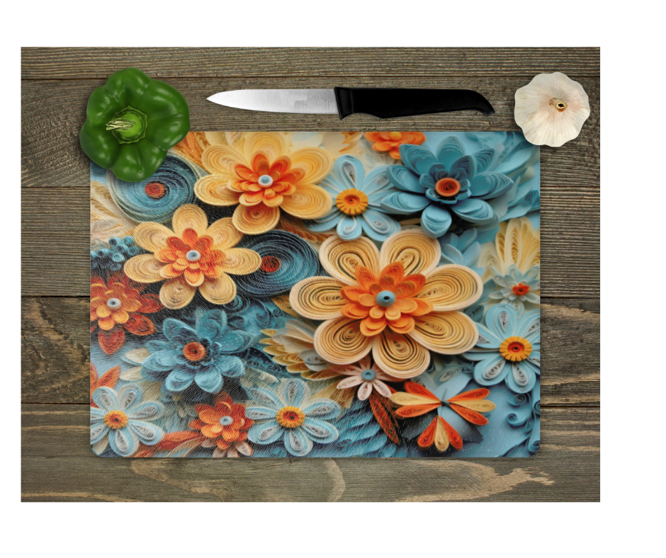 Glass Cutting Board Kitchen Prep Display Home Decor Gift Housewarming Blue Orange Floral