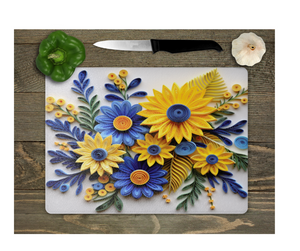 Glass Cutting Board Kitchen Prep Display Home Decor Gift Housewarming Yellow Blue Floral