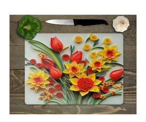 Glass Cutting Board Kitchen Prep Display Home Decor Gift Housewarming Tulips Yellow Orange Floral