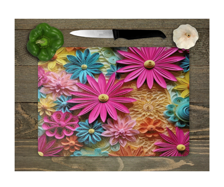 Glass Cutting Board Kitchen Prep Display Home Decor Gift Housewarming Pink Blue Green Yellow Floral