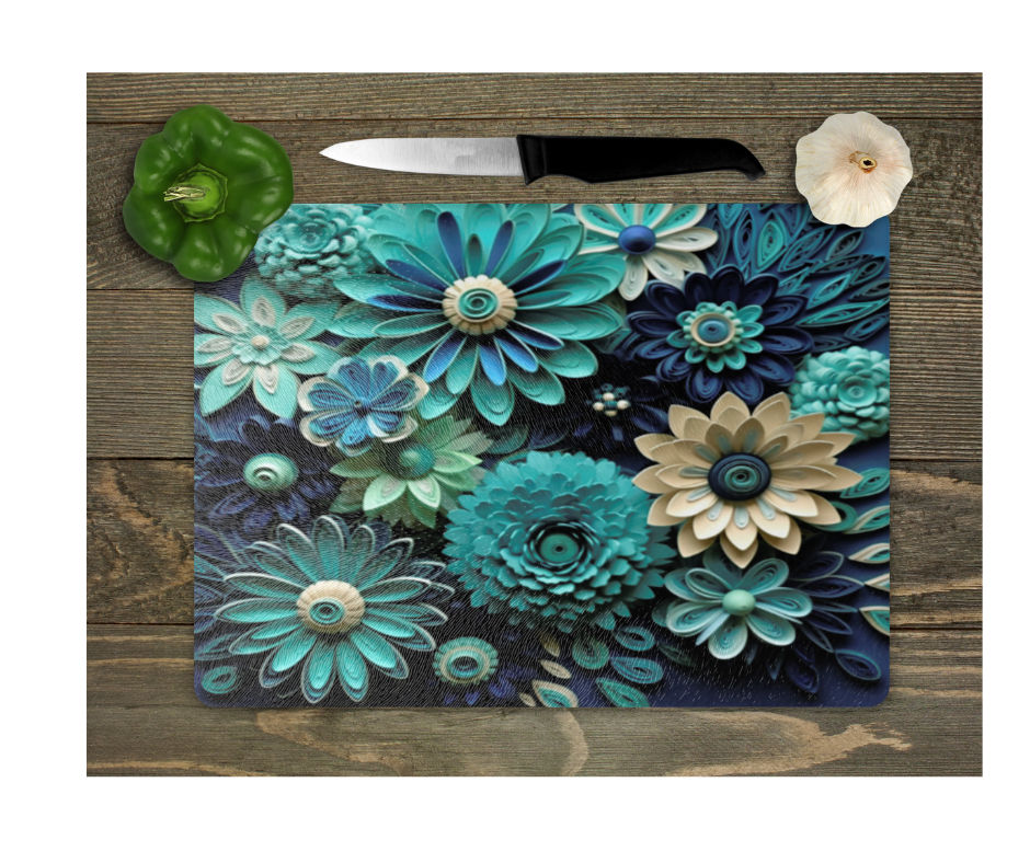 Glass Cutting Board Kitchen Prep Display Home Decor Gift Housewarming Turquoise Blue Floral