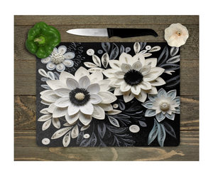 Glass Cutting Board Kitchen Prep Display Home Decor Gift Housewarming Black White Floral