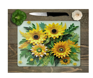Glass Cutting Board Kitchen Prep Display Home Decor Gift Housewarming Yellow Green Floral