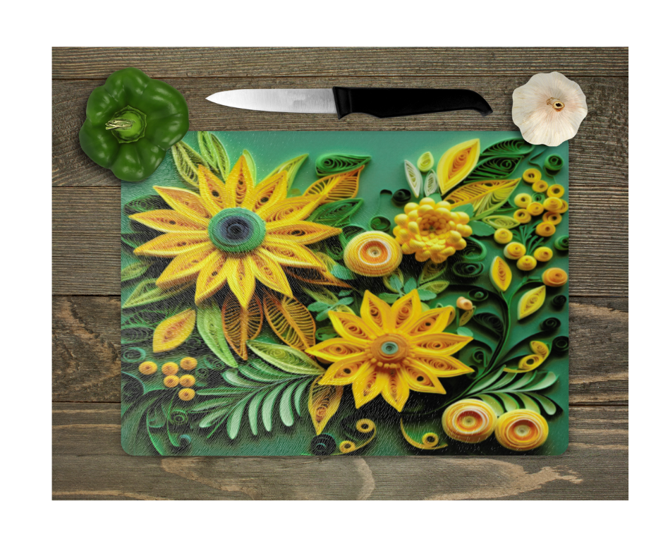 Glass Cutting Board Kitchen Prep Display Home Decor Gift Housewarming Green Yellow Floral