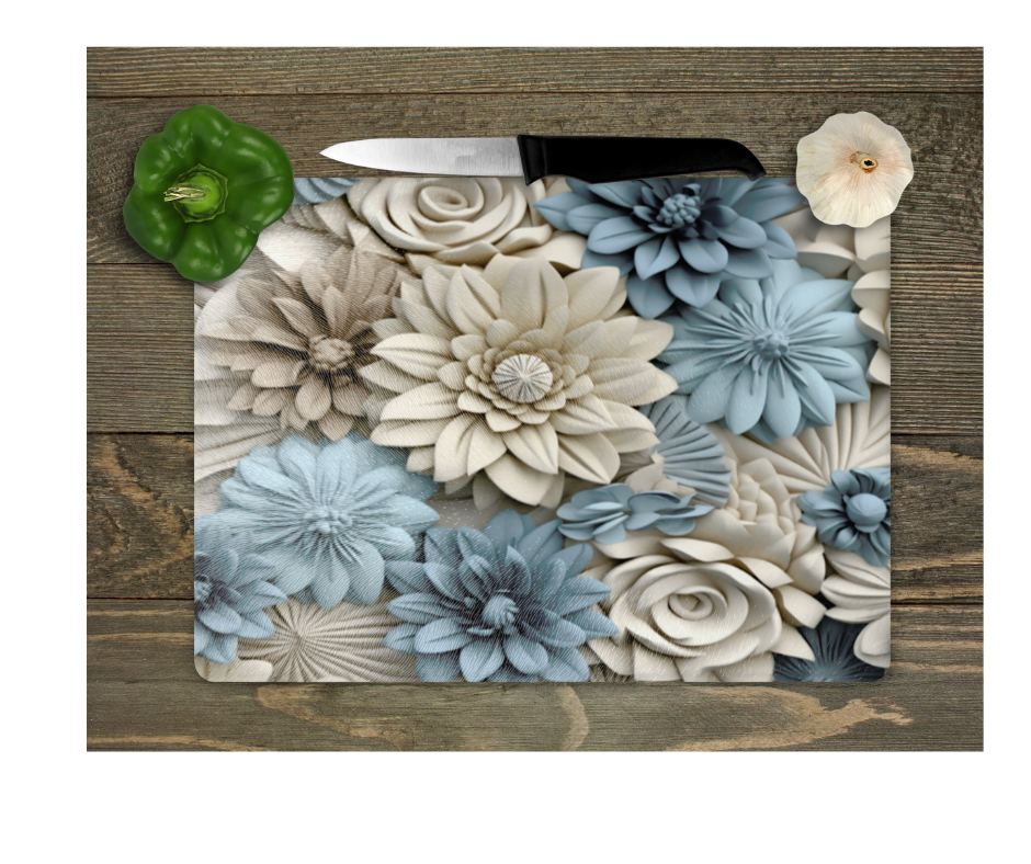 Glass Cutting Board Kitchen Prep Display Home Decor Gift Housewarming Blue White Floral
