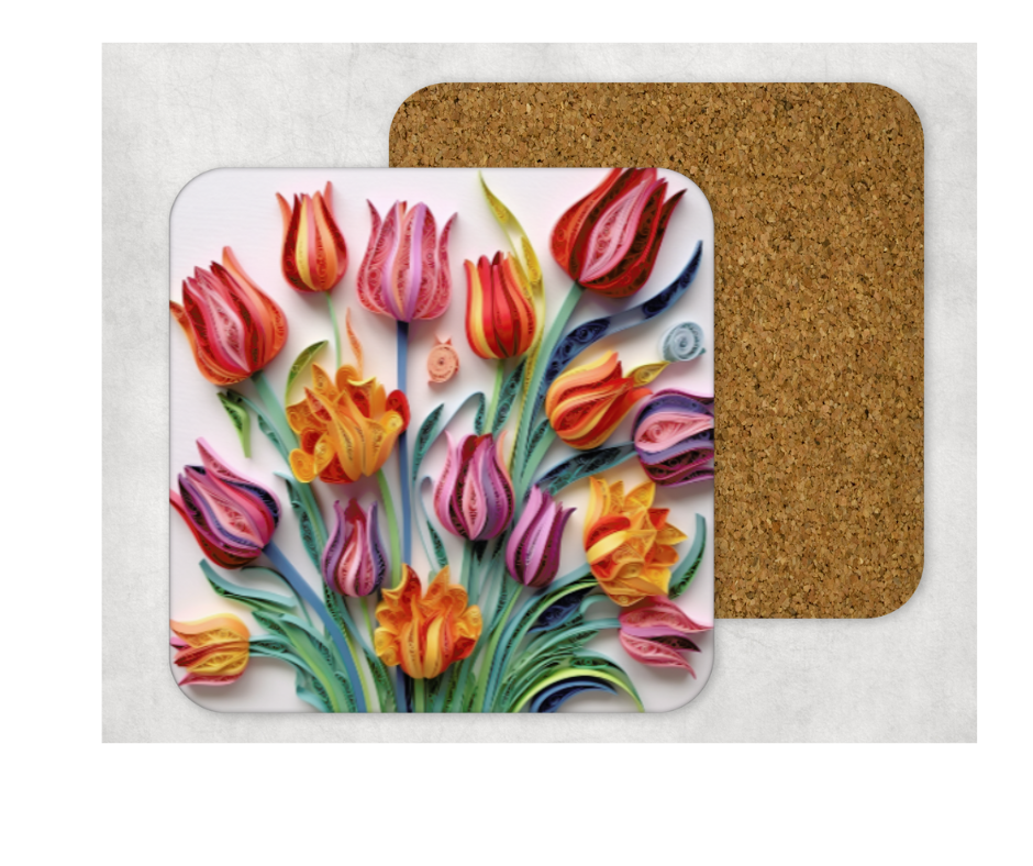 Hardboard Cork Back Single One Square Coaster Gift Housewarming Home Florals Tulips Orange Purple Pink