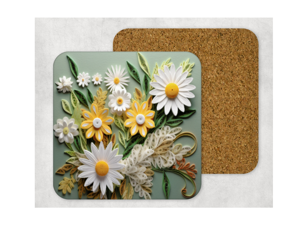 Hardboard Cork Back Single One Square Coaster Gift Housewarming Home Florals Daisy White Yellow