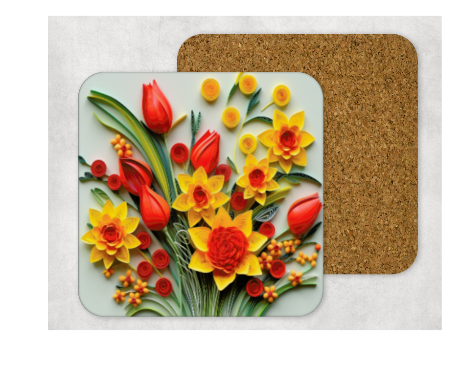 Hardboard Cork Back Single One Square Coaster Gift Housewarming Home Florals Tulips Yellow Orange
