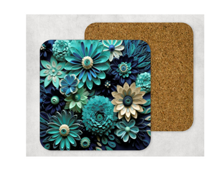 Hardboard Cork Back Single One Square Coaster Gift Housewarming Home Florals Turquoise Blues
