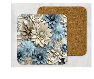 Hardboard Cork Back Single One Square Coaster Gift Housewarming Home Florals Blue Cream