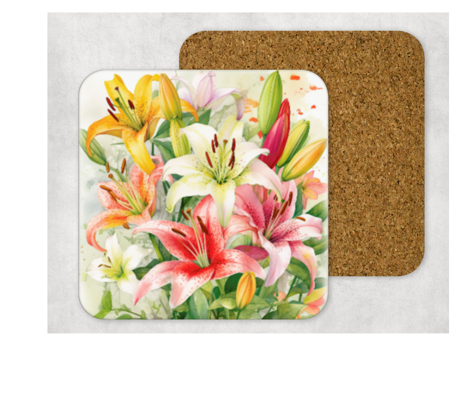 Hardboard Cork Back Single One Square Coaster Gift Housewarming Home Florals Lilies Lily Yellow Pinks