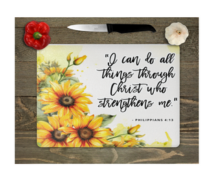 Glass Cutting Board Kitchen Prep Display Home Decor Gift Housewarming Religious Inspirational Saying Yellow Florals