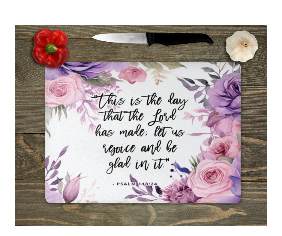 Glass Cutting Board Kitchen Prep Display Home Decor Gift Housewarming Religious Inspirational Saying Purple Pink  Florals