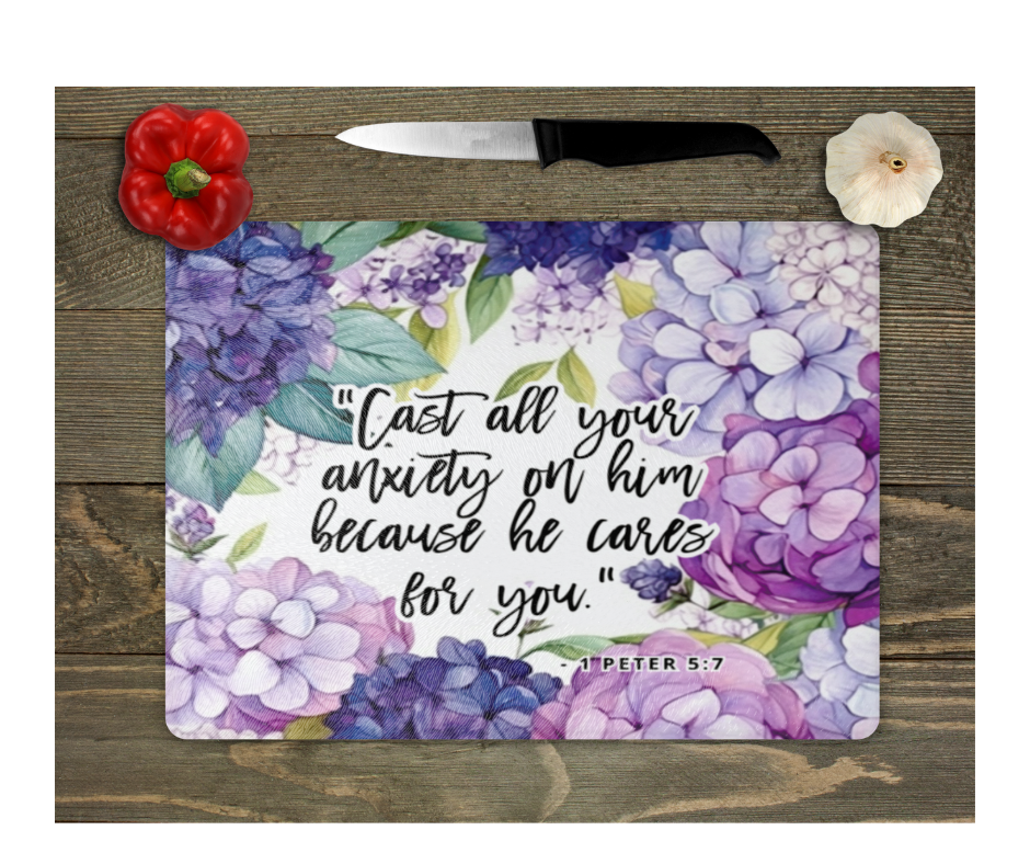 Glass Cutting Board Kitchen Prep Display Home Decor Gift Housewarming Religious Inspirational Saying Purple Florals