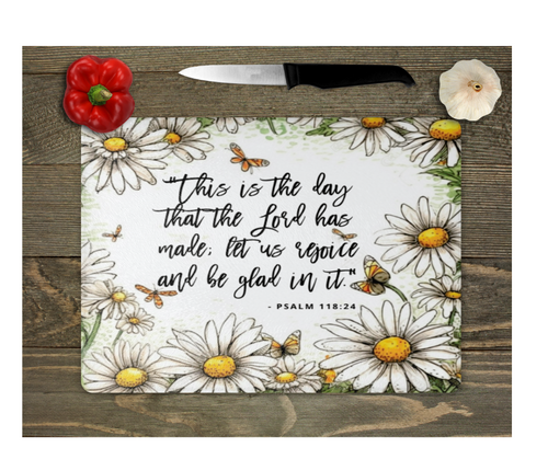 Glass Cutting Board Kitchen Prep Display Home Decor Gift Housewarming Religious Inspirational Saying Daisy Florals