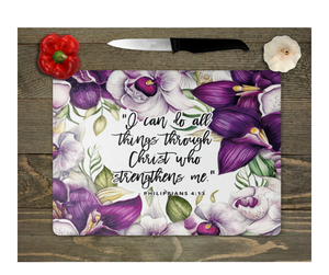 Glass Cutting Board Kitchen Prep Display Home Decor Gift Housewarming Religious Inspirational Saying Purple White Florals